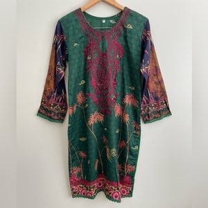 Women’s Long Sleeve Tunic Embroidered Sz Small Green‎ Burgundy Pullover
